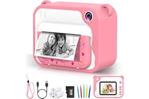 Ukuu KinderKamera 2,4 Zoll 1080P Sofortbildkamera mit 3 Rollen Druckpapier und 5 Farben Pinselstift Geschenk für Kinder Bildschirm Videokamera Schwarzweiß Fotokamera mit 32GB Speicherkarte - Rosa