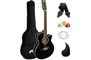 TIGER Chitarra acustica 3/4 con corpo piccolo con corde in acciaio per bambini dai 9 anni in su con borsa, tracolla, corde di ricambio e plettri - Nero