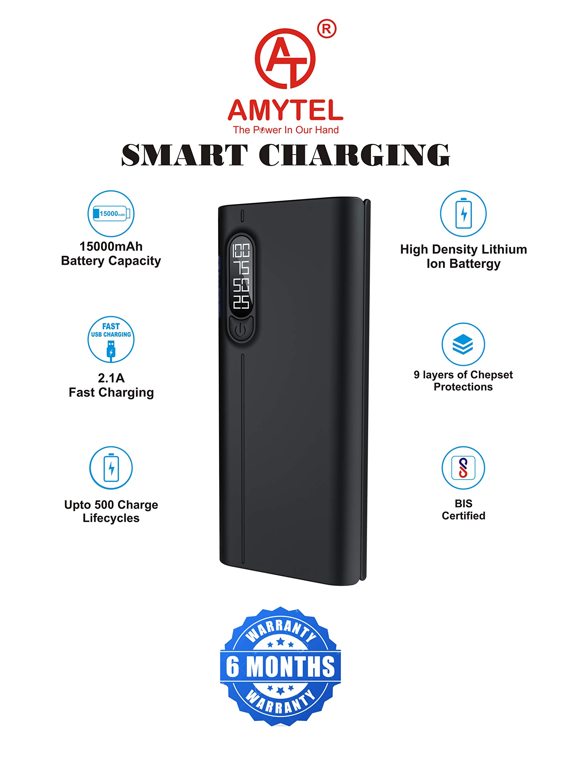 Amytel 2I 2O 15000mAH 2.1 Amp Fast Charging Lithium-ion Power Bank
