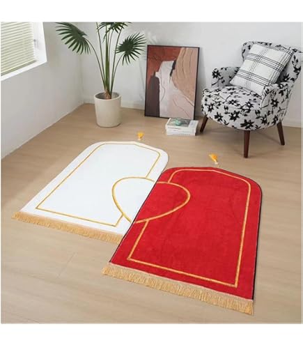 Dik en zacht Moslim Gebedskleed - Imitatie Kasjmir voor Vrouwen en Mannen - Ramadan Eid Bayram (Wit Rood, 70 x 110 cm