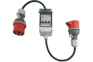 RoadEu - Adaptador Industrial CEE 32A a 16A - Enchufe 32A a Acoplamiento 16A con disyuntor C16A - Cable Alargador 1m. Ideal para talleres, Jardines, cobertizos o en Obras de construcción