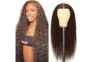 Weeybay Echthaar Perücke für Damen Perücken Curly Wave Human Hair Wig 4X4 Lace Closure Wig Chocolate Brown 150% Density Unprocessed Brazilian Remy Hair Glueless Wig for Woman 32 Zoll