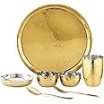Ebun Heavy Gauge Stainless Steel Dinner Set | Gold PVD Plated Steel Thali Set | Stainless Steel Dinner Set for Kitchen | Pack of 1 | 7 Pieces | Gold PVD Plated