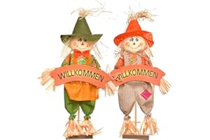 HEITMANN DECO Spaventapasseri con targhetta di benvenuto, set da 2 pezzi, espositore decorativo, naturale, da appoggiare, arancione, verde, 23 x 7 x 40 cm