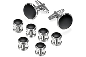 Bulckrew 8pcs Mens Cuff Links and Studs Set, Silver Black Tuxedo Shirt Cufflinks for Business Wedding Valentines Day