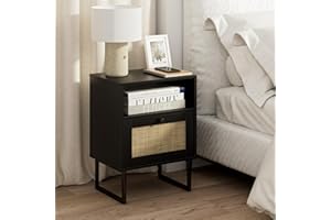 HEYZOEY Rattan Bedside Table,Modern Boho Farmhouse Wood Nightstand with Storage Drawer and Open Shelf,Small Gold Frame Side Table for Bedroom,Living Room,Office(Black)