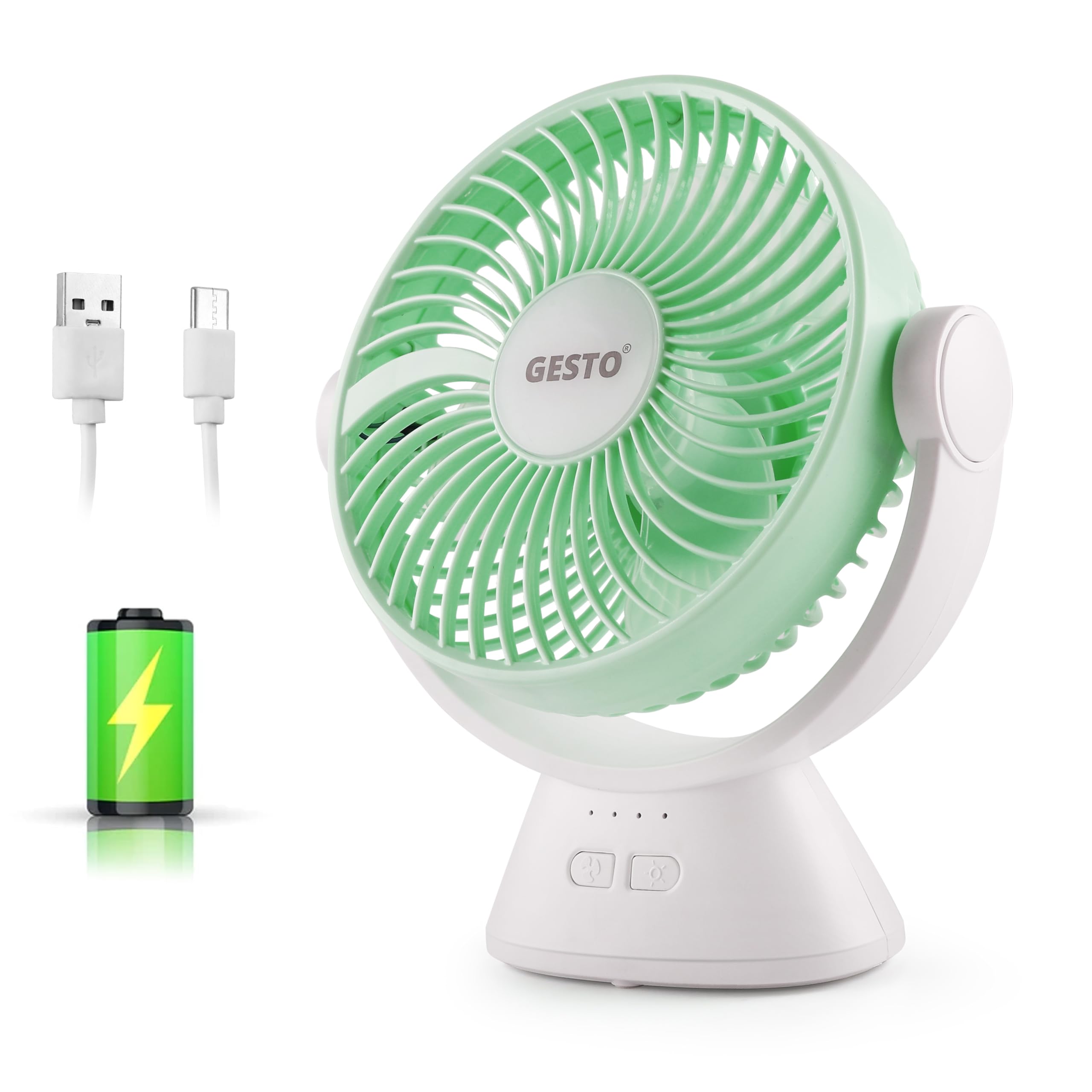 Gesto 6 Inch Rechargeable Table Fan with LED Light â€“ High-Speed Noiseless Portable Fan With 3 Speed Modes | 2400mAh Battery Up to 8 Hours Runtime USB Charging Fan for Home, Office, Kitchen (Green)