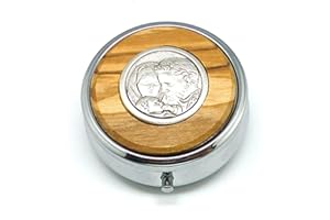 DELL'ARTE Articoli Religiosi Scatola portarosario Pillole cm 6,2 - Inserto Vero Legno olivo e placca Metallo 30mm Sacra Famiglia