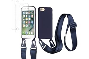 vrupin kompatibel mit iPhone 6/6S/7/8 Handykette Hülle,[2 Stück Schutzfolie 9H Härte Gehärtete Folie].Necklace Hülle Nylon Schultergurt Weich Flüssiges Silikon-Navy blau