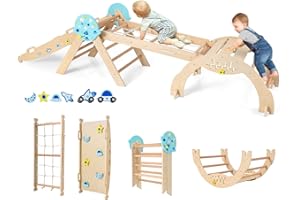 COSTWAY Klettergerüst Indoor 4er Set, klappabres Kletterdreieck mit Rutsche, Kletterbogen, Netz, inkl. doppelseitige Rampe, Baustein Set & 2 Autos, Universum Sprossendreieck Holz für Kinder ab 1 Jahr
