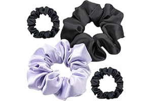 JOIYHY 4 Pezzi Scrunchies per Capelli Seta, 2 Grande Elastico per Capelli in Vera Seta e 2 Small Bande Elastiche per Capelli, Scrunchie,Set Elastici Capelli Stoffa Raso per Donne Ragazze(Nero e Viola)