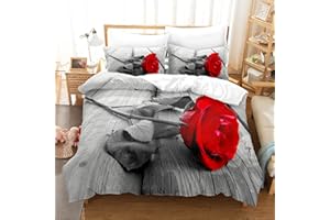 EHAOKK Copripiumino con motivo floreale a rose rosse e rosa, set di tre pezzi di biancheria da letto creativa a rose, set di biancheria da letto da uomo e da donna a rose d'amore 3D(A, 220 x 240 cm)