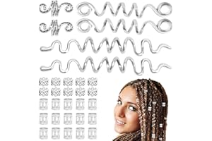NAEBRO 31 Stück Dreadlocks Schmuck Haarspiralen Clips, Silber Verstellbar Braids Haarschmuck für Frauen Männer, Haarspiralen Clips und Haar Ringe für Zöpfe Haar Flecht Dreadlocks Zubehör
