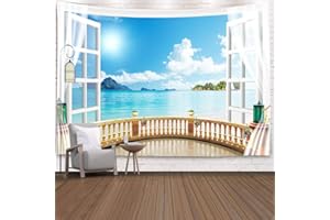 XCSLH Arazzo da Parete,Grande Formato Bella Vista Finestra sul Mare Arazzo Appeso A Parete Stampa 3D Arazzi di Stoffa da Parete Decorazioni per La Casa Tappeto da Parete Tappetino Yoga, 130 Cm X 150 Cm