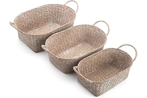 DECRAFTS Whitewash Panier de Rangement en Jonc De Mer Naturel Rotin Paniers pour étagères avec Poignées Ovale 3 Pièces (Grand + Moyen + Petit)