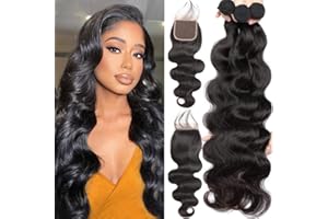 Vallbest Body Wave Bundles with Closure Brazilian Human Hair 3 Bundles with Closure (18 18 18+16) Body Wave 100% Unprocessed Virgin Hair Bundles with 4x4 Lace Closure Free Part Natural Black Color