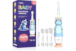 YUNCHI K3 Brosses à dents électriques pour bébé de 0 à 3 à 6 ans avec minuteur, lumière LED colorée arc-en-ciel, 4 têtes souples, alimentée par piles pour filles, garçons, enfants (licorne bleue)