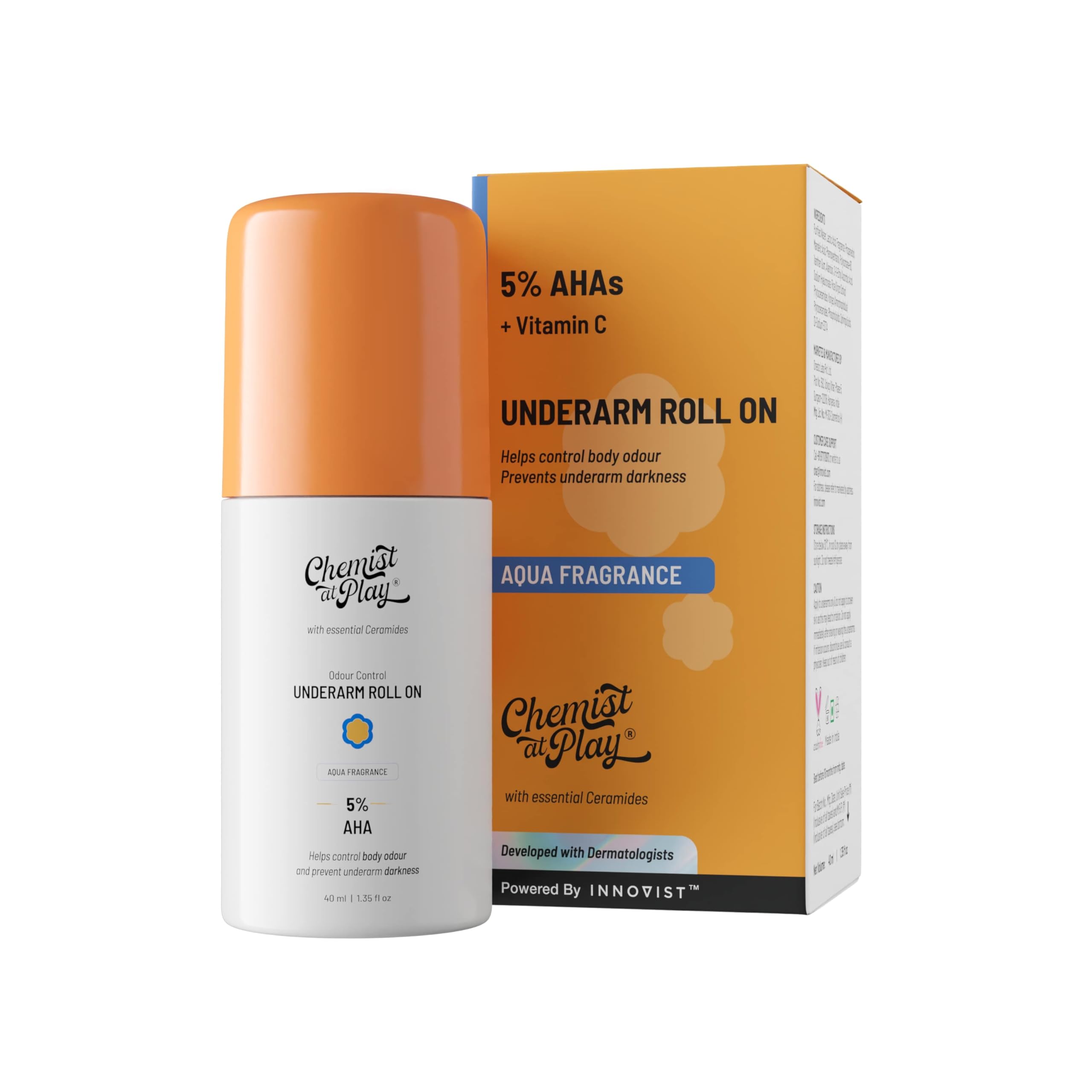 Chemist at Play UnderArm Roll-On with 5% AHA, Lactic Acid & 1% Mandelic Acid | Prevents Body Odour, Brightens Skin & Exfoliat