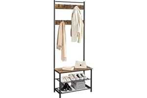 Yaheetech Coat Rack Stand, 185cm Height Coat Stand with Shoe Bench, Industrial Coat and Shoe Rack Storage for Hallway/Living Room, Rustic Brown