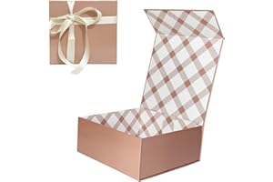 Tekhoho Caja de Regalos Oro Rosa 21,5x21,5x9 cm, Caja de Regalos Premium con Tapa MagnéTica y Cinta para Embalaje de Regalos de Bodas y CumpleañOs, Forro a Cuadros