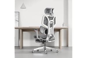 Hbada Ergonomiczne krzesło biurowe, krzesło obrotowe z elastycznym podparciem lędźwiowym, regulowane oparcie, zagłówek i podłokietnik, krzesło z siatki, krzesło biurowe z podnóżkiem, szare