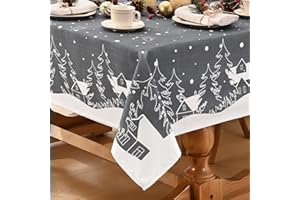 Alishomtll Christmas Grey White Tablecloth, Washable Waterproof Wipe Clean Rectangular Table Cloth, Cartoon House Elk Table Cover for Winter Holiday Dinner Decor 55x95in/140x240 cm