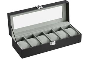 SONGMICS JWB06BK Uhrenbox mit 6 Fächern, Schatulle, mit Glasdeckel, abnehmbare Polster, Schloss aus Metall, schwarz beschichtet und Futter in Grau