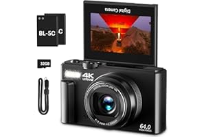 VJIANGER Aparat cyfrowy 4K do fotografii, kamera do vlogowania 64 MP do YouTube z odwracanym ekranem 3-calowym (7,6 cm) o kącie 180°, 18-krotnym zoomem i kartą micro SD 32 GB