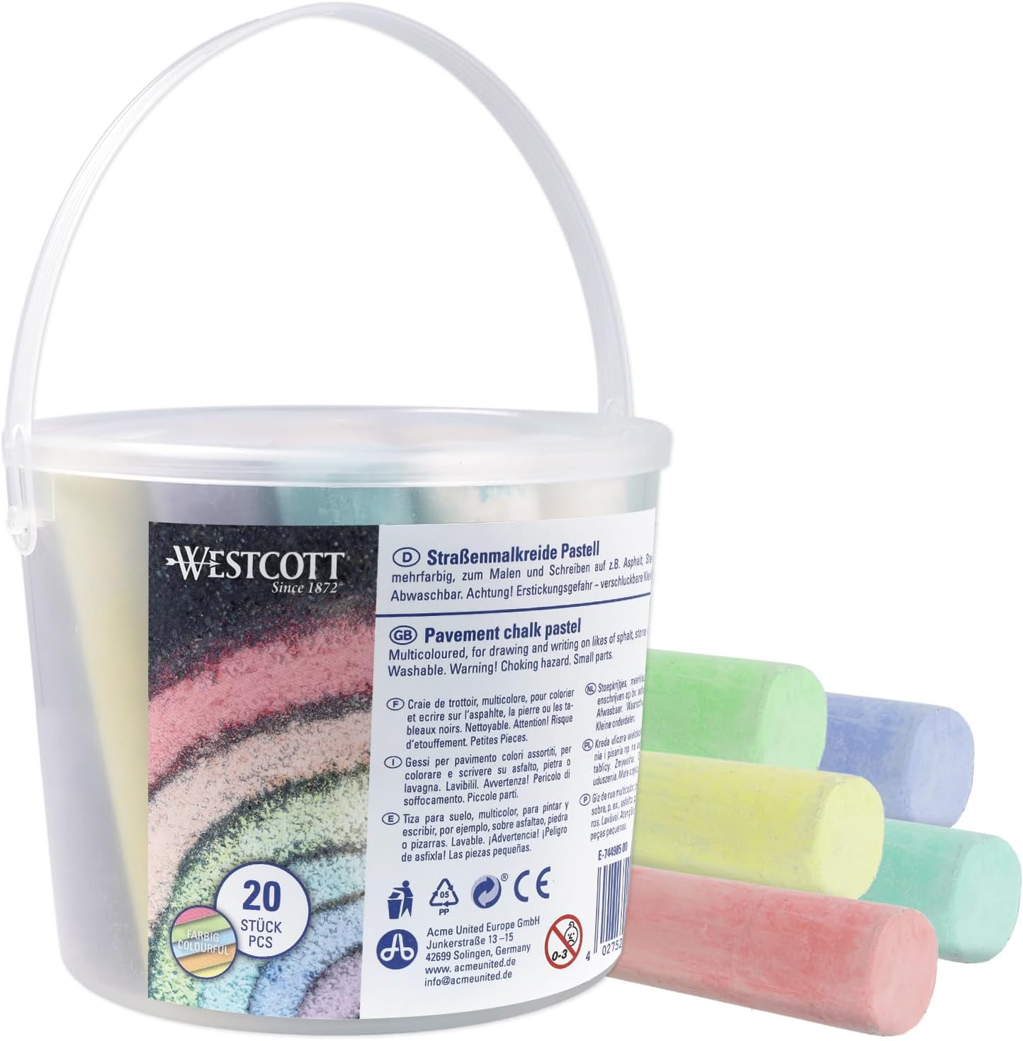 Westcott tizas pastel de carretera | 20 tizas de colores para niños en un práctico cubo para transportar | fácilmente lavables | aptas para asfalto, pizarras o piedra | E-744985 00