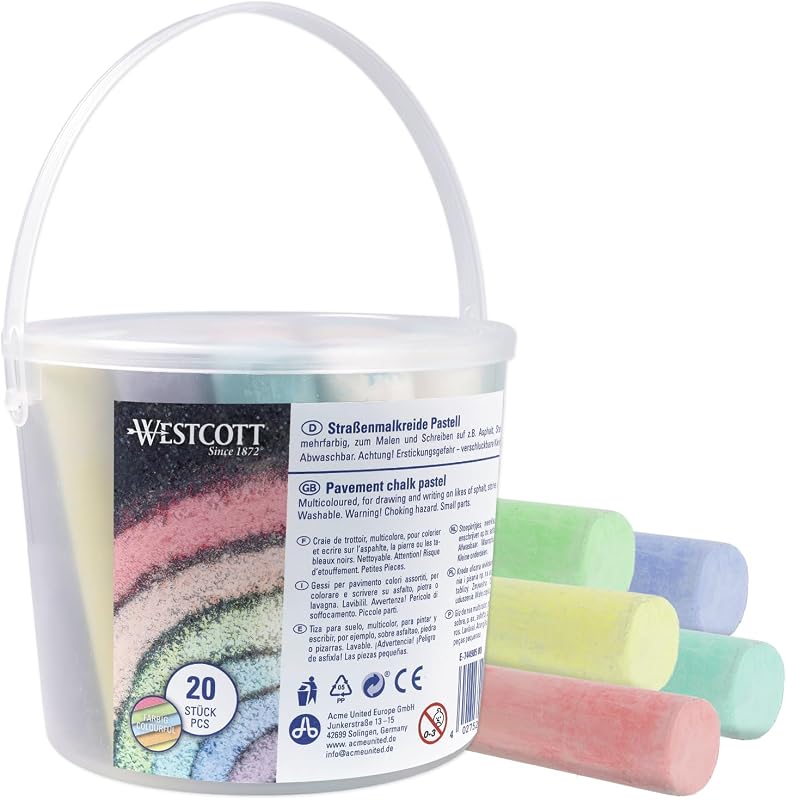 Westcott tizas pastel de carretera | 20 tizas de colores para niños en un práctico cubo para transportar | fácilmente lavables | aptas para asfalto, pizarras o piedra | E-744985 00