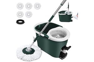 OZD Serpillière Seau Essoreur a Pedale, Balai Serpillère et Sceau Menage Essoreur, Rotatif à 360°, Mop Serpillere avec Poignée en INOX pour Nettoyer Sol - 5 Tampon en Microfibre (Vert)