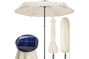 Kingsleeve® Sonnenschirm LED Beleuchtung UV Schutz 80+ Solar Schutzhülle 330cm Groß Kurbel Volant Balkon Terrasse Gartenschirm Marktschirm Creme