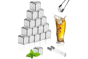 WACH AUF Glaçons En Acier Inoxydable Lot 16 Pièces Pierres à Whisky avec 1 Pièces pince Glacons Reutilisable 304 Glaçons en Métal pour Refroidissement Du Vodka Vin BièRe Whisky Cocktail