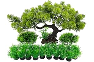 SMOOTHEDO-PETS Plantas de acuario, decoraciones de peceras, plantas artificiales de plástico, peces dorados, paisaje acuático, esconde árboles, conjunto M/L (bonsái grande)