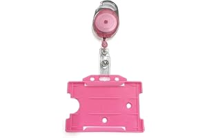 PCL Media ltd Pink Retractable Badge Reel with Carabiner Clip and Pink ID Card Holders, Open-Faced Rigid ID Badge Holder - Holds One ID Card Ski Pass Holder