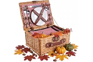 ‎EGENUSS eGenuss Weidengeflecht Picknickkorb für 2 Personen mit Kühlfach & Zubehör – Picknick Set mit Besteck, Porzellanteller, Weingläser – für Camping, Hochzeit & Geschenkidee – ROT
