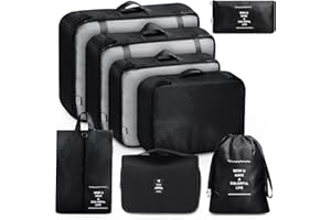 MURISE 8-częściowy zestaw kostek podróżnych, torby na ubrania, organizer do walizki, na urlop i podróże, zestaw kostek podróżnych, system porządkowania walizek - czarny