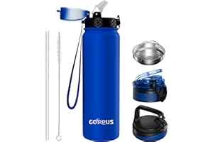 GOPPUS Butelka na wodę, ze słomką, podwójne ścianki, izolowana butelka do wielokrotnego użytku, próżniowa, termiczna, ze stali nierdzewnej, szczelna butelka sportowa na siłownię, 1 l