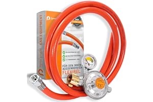 PANORAMA24 Gasschlauch Set bestehend aus Gasdruckregler 50 mbar mit Manometer und Sicherheitsventil sowie flexiblem Gasschlauch 200 cm - ideal für Gasgrills, Heizstrahler, Hockerkocher, Gaskocher, Lampen, uvm.