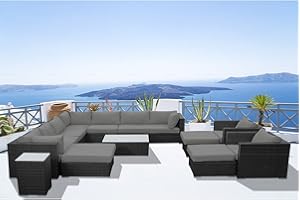 CONCEPT USINE | Salon de Jardin Modulable en Résine Tressée | Capacité 13-14 Personnes | Design STALLA Noir Coussins Gris | Aspect Rotin Naturel | Elégant & Robuste | Structure en Alu + Peinture Epoxy