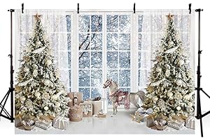 AIBIIN Telón de fondo de fotografía de Navidad de 7 x 5 pies, ventana francesa, regalos de árbol de Navidad, fiesta de invierno, fondo de fotos para el hogar, pancarta de estudio, suministros de