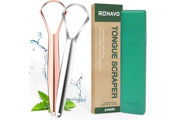 RONAVO Gratte Langue, Brosse Langue Pour Adulte une Haleine Fraiche, Tongue Scraper Acier Inoxydable, Conception distinctive à 2 Couleurs, Mallette Portable Pour Voyager