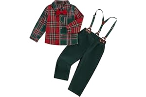 Geagodelia 2 Pièces Complet Bébé de Noël Gentleman Chemise Manches Longues+Pantalon Bretelles Combinaison de Noël Élégant pour Garçons 1-7 Ans