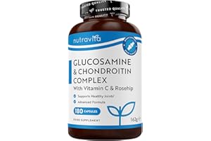 Glucosamina Solfato e Condroitina Complesso - con Vitamina C, Estratti di Cinorrodo, Zenzero e Curcuma - 180 Capsule Alto Dosaggio per 6 Mesi, Prodotto nel Regno Unito da Nutravita