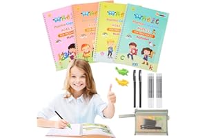 Xialvyu Magic Copybook Calligraphy Set for Kids,4pcs Pen Control Exercises Copybooks,Reusable Practice Handwriting Tracing Workbook with Pen,Pen Writing Aid Grip and 4 Refills (M)