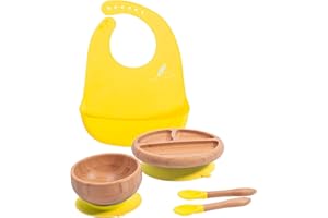 Love Earth ® - Bamboo Baby Weaning Set – 5 Piece Baby Weaning Set Including Suction Plate, Bowl, Spoons, and a Silicone Bib – Eco-Friendly Weaning Set for Babies from 3 Months to 6 Years (Yellow)