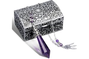 YUEPIN Pendule de Cristal pour la Divination, Pendule de Radiesthésie en Cristal, Cristaux Pointus Spirituels pour la Sorcellerie avec Attrape-Rêves, Étoile Merkaba et Boîte à Gemmes (Améthyste)