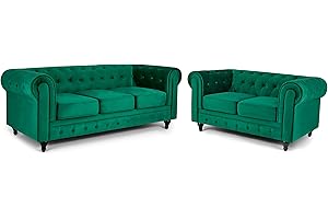 Bravich Velvet Chesterfield Sofa- Green. Two & Three Seater Sofa Set, Soft Plush Fabric Couch. Living Room Furniture, Easy Clean. 2+3 Seater