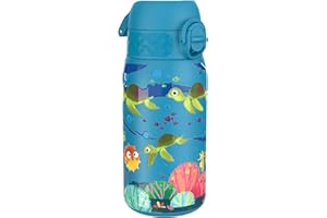 ion8 Botella Agua Inox Ligero para Niños, 400ml, Sin Aislamiento, a Prueba de Fugas, Fácil de Abrir, Cerradura Segura, Apta para Lavavajillas, Tapa Abatible, Fácil de Limpiar, Tortuga Marina