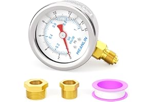 MEANLIN MEASURE 0~1BAR/15PSI Manomètre en acier inoxydable 1/8"BSP 1.5",rempli de glycérine,rempli de liquide,eau,huile,air,montage inférieur,avec douille hexagonale 1/8"x 1/4" BSP et 1/8"x 3/8" BSP